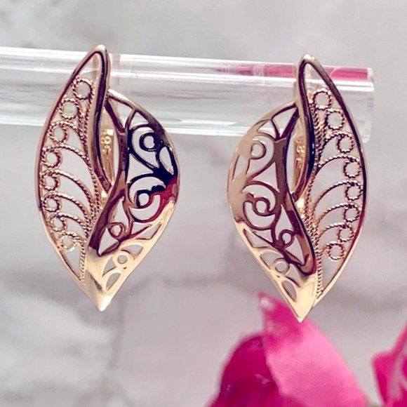 585 Rose Gold Plated Hollow Big Drop Earrings - Picture 3 of 8